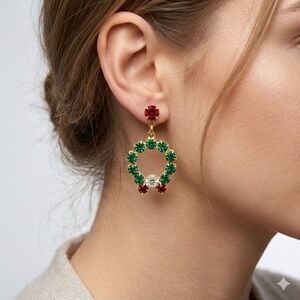 Vintage Christmas Wreath Earrings | Red Green Rhinestone Drop